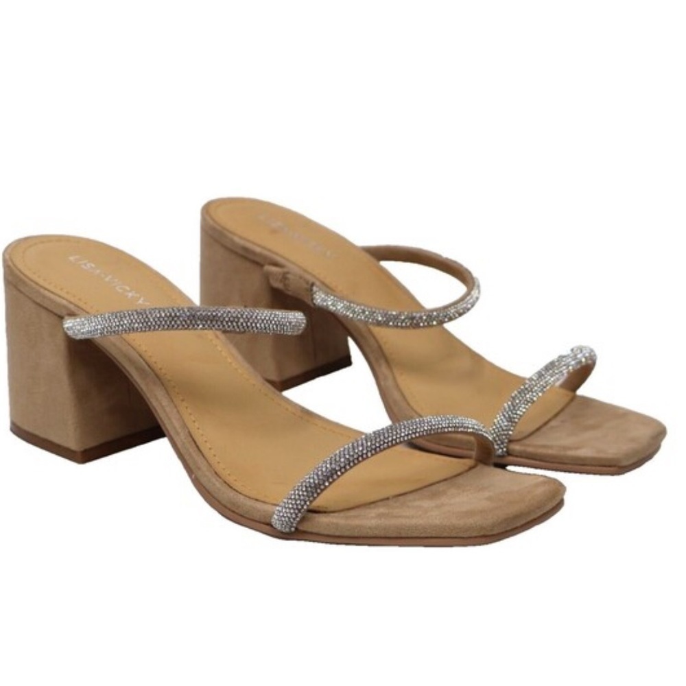 Lisa Vicky Mood Hotfix Heel Sandals Rhinestones Straps Silver 7.5